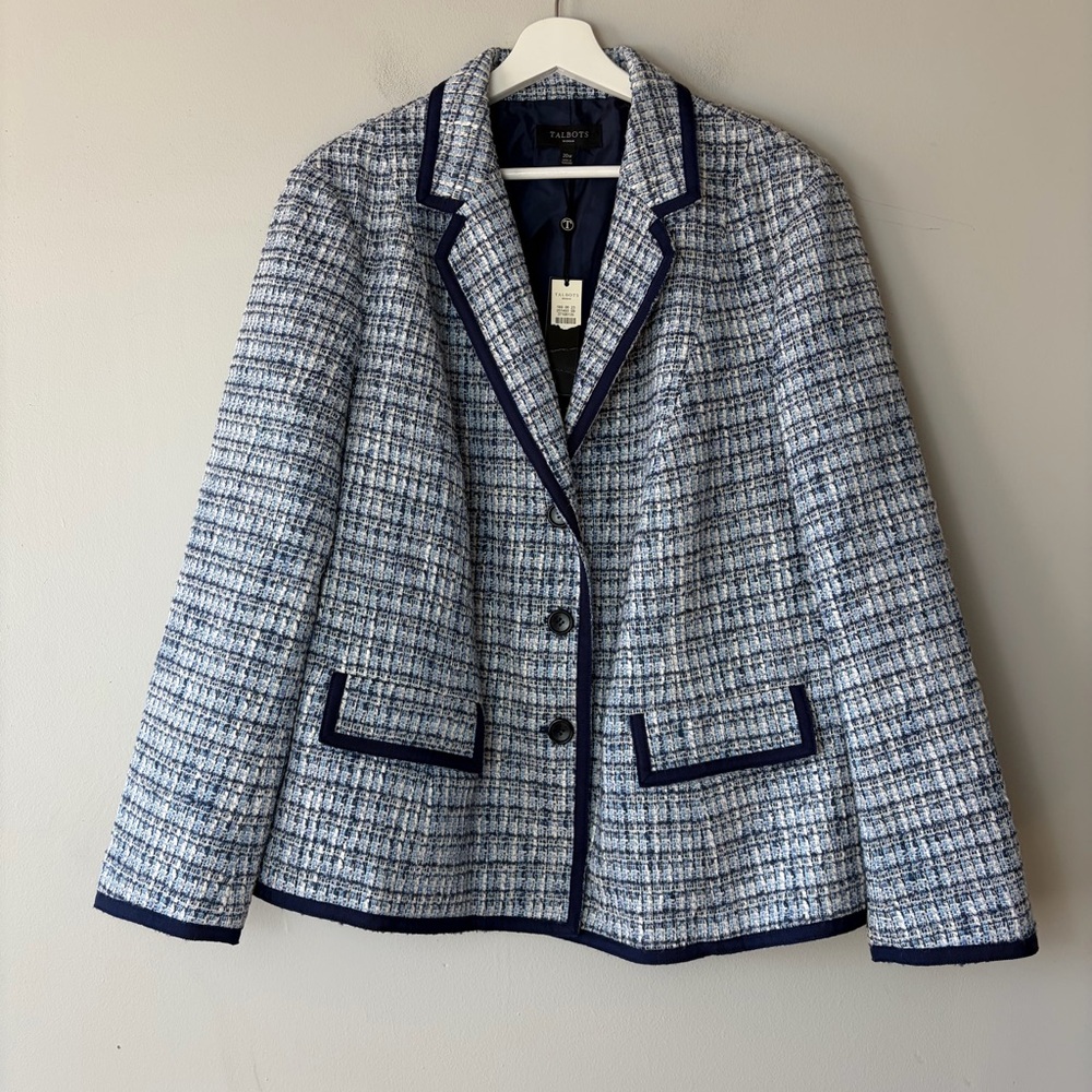 NWT Talbots Blue and White Tweed Blazer Jacket with Navy Blue Trim‎ Women's 20W